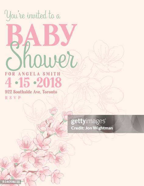 hand drawn baby shower invitation with cherry blossom - baby invitation shower stock illustrations