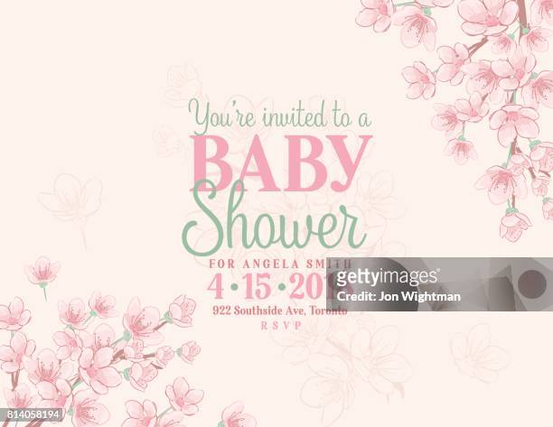 ilustraciones, imágenes clip art, dibujos animados e iconos de stock de mano dibujada bebé ducha invitación con flor de cerezo - cherry tree
