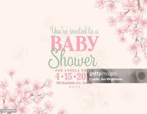 stockillustraties, clipart, cartoons en iconen met hand getekende baby shower uitnodiging met kersenbloesem - babyshower