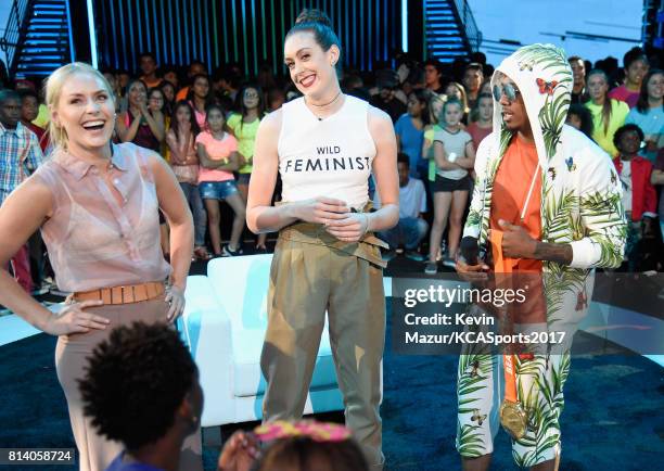 World Cup skiier Lindsey Vonn, WNBA player Breanna Stewart, and TV personality Nick Cannon participate in the Beats N Seats competition during...