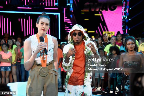Player Breanna Stewart and TV personality Nick Cannon speak onstage during Nickelodeon Kids' Choice Sports Awards 2017 at Pauley Pavilion on July 13,...
