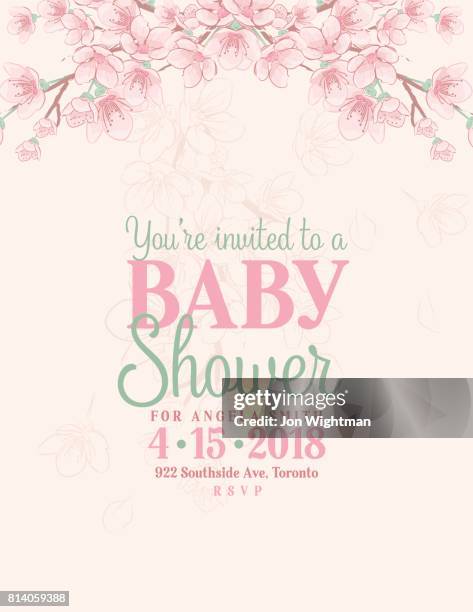 illustrazioni stock, clip art, cartoni animati e icone di tendenza di invito alla baby shower disegnato a mano con fiori di ciliegio - baby invitation shower