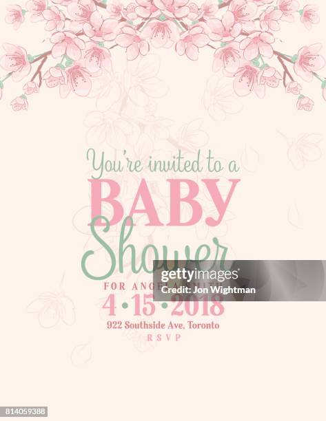 hand drawn baby shower invitation with cherry blossom - pink suit stock illustrations