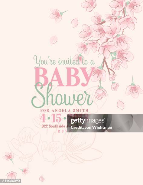 illustrazioni stock, clip art, cartoni animati e icone di tendenza di invito alla baby shower disegnato a mano con fiori di ciliegio - baby invitation shower