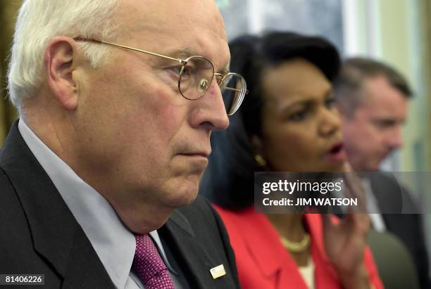 Vice President Dick Cheney , US Secretary of state Condoleezza Rice and White House Counselor Ed Gillespie listen as Israeli Prime Minister Ehud...