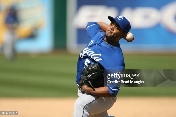 Ramon Ramirez of the Kansas City Royals pitches during the game against the Oakland Athletics at the McAfee Coliseum in Oakland, California on April...