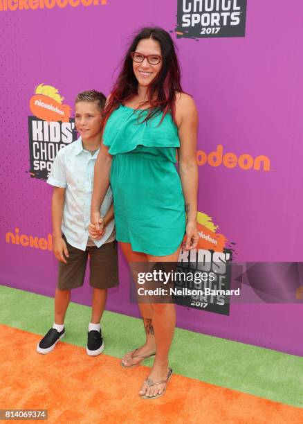 Fighter Cat Zingano and Brayden attend Nickelodeon Kids' Choice Sports Awards 2017 at Pauley Pavilion on July 13, 2017 in Los Angeles, California.
