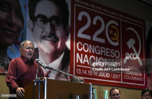 Commander Ricardo Tellez aka "Rodrigo Granda" speaks during the opening of the XXII Congress of the Colombian Communist Party in Bogota on July 13,...