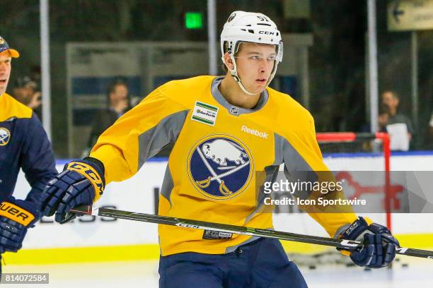 Buffalo Sabres Defenseman Austin Osmanski looks on during on-ice practice at the Buffalo Sabres Development Camp on July 10 at HarborCenter in...