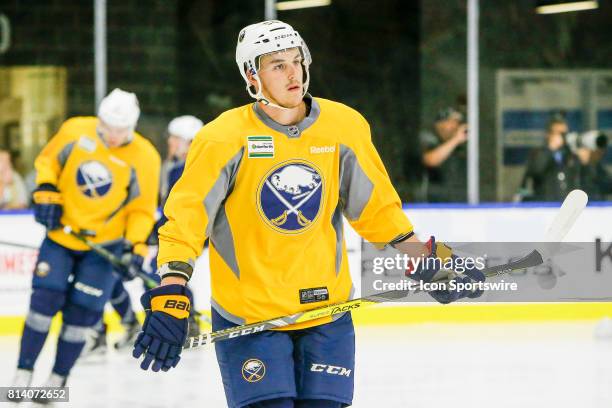 Buffalo Sabres Defenseman Brycen Martin looks on during on-ice practice at the Buffalo Sabres Development Camp on July 10 at HarborCenter in Buffalo,...