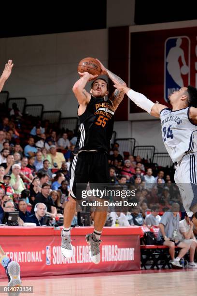 Mike James of the Phoenix Suns shoots the ball during the game against the Memphis Grizzlies during the 2017 Las Vegas Summer League game on July 13,...