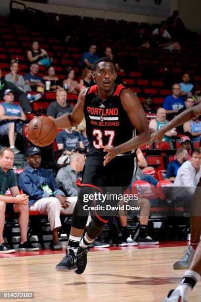 Jordan Adams of the Portland Trail Blazers handles the ball during the game against the Toronto Raptors during the 2017 Las Vegas Summer League game...