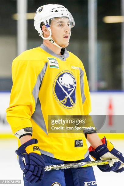 Buffalo Sabres Defenseman Brycen Martin looks on during on-ice practice at the Buffalo Sabres Development Camp on July 10 at HarborCenter in Buffalo,...