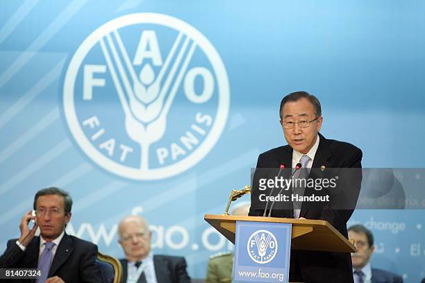 In this handout photo provided by the UN Food and Agriculture Organization, UN Secretery General Ban Ki-Moon gives his speech at the FAO...