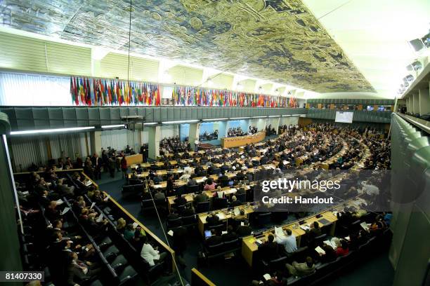 In this handout photo provided by the UN Food and Agriculture Organization, A view of the FAO headquarters is seen during the UN Food Summit, on June...