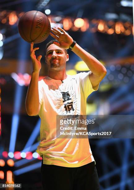 Player Klay Thompson participates in a competition during Nickelodeon Kids' Choice Sports Awards 2017 at Pauley Pavilion on July 13, 2017 in Los...