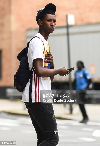 Models are seen outside the General Idea show during New York Fashion Week: Men's S/S 2018 at Skylight Clarkson Sq on July 13, 2017 in New York City.