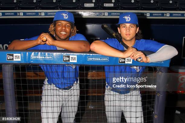 Blue Jays prospects Vladimir Guerrero Jr. And Bo Bichette pose together before the Florida State League game between the Dunedin Blue Jays and the...