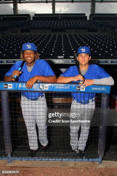 Blue Jays prospects Vladimir Guerrero Jr. And Bo Bichette pose together before the Florida State League game between the Dunedin Blue Jays and the...