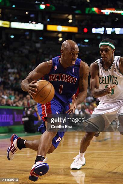 Chauncey Billups of the Detroit Pistons drives to the basket against Rajon Rondo of the Boston Celtics in Game Five of the Eastern Conference Finals...