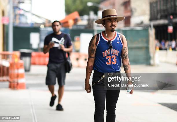 Denny Balmaceda is seen outside the Theory show during New York Fashion Week: Men's S/S 2018 at Skylight Clarkson Sq on July 13, 2017 in New York...