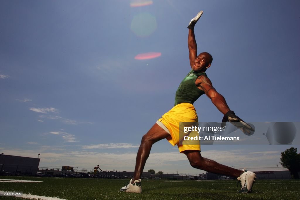 Doland Driver Portrait of Green Bay Packers Donald Driver in action, doing lower ...