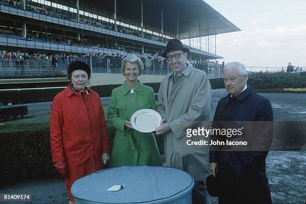 Horse Racing: Bay Shore Stakes, Secretariat owner Helen Chenery Tweedy victorious with trophy and trainer Lucien Laurin at Aqueduct Raceway, Jamaica,...