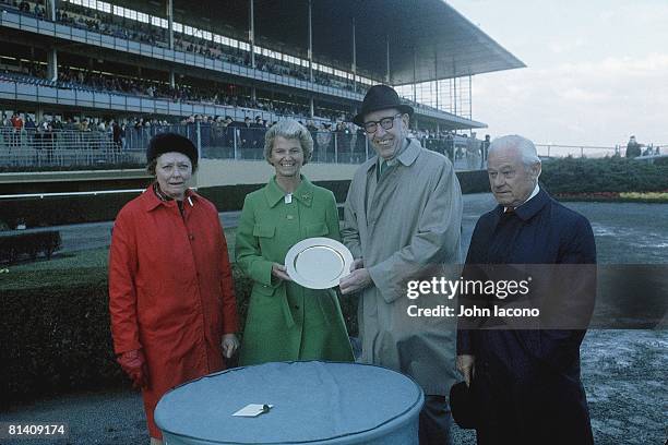 Horse Racing: Bay Shore Stakes, Secretariat owner Helen Chenery Tweedy victorious with trophy and trainer Lucien Laurin at Aqueduct Raceway, Jamaica,...