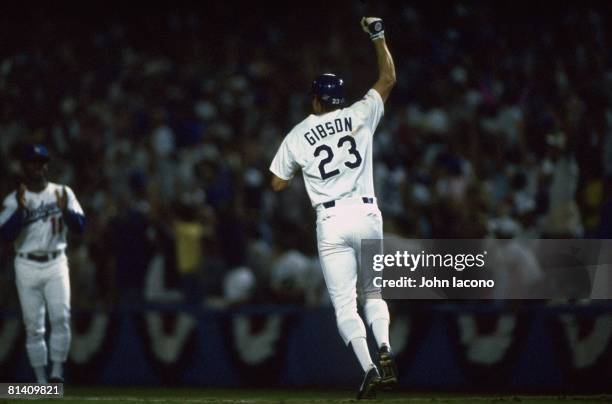 Baseball: World Series, Rear view of Los Angeles Dodgers Kirk Gibson victorious after hitting game winning, walk off home run vs Oakland Athletics,...