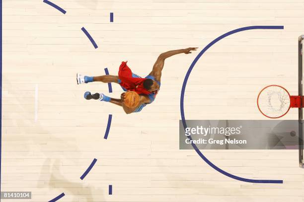 Basketball: NBA Slam Dunk Contest, Aerial view of Orlando Magic Dwight Howard in action, making dunk and wearing Superman cape during All Star...