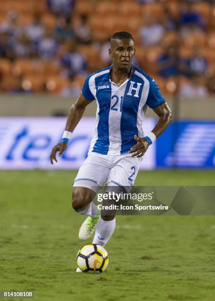 Honduras defender Brayan Beckeles moves the ball down the pitch during the CONCACAF Gold Cup Group A match between Honduras and French Guiana on July...