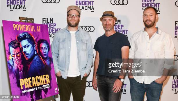 Seth Rogen, Sam Catlin and Evan Goldberg attend Film Independent at LACMA special screening of 'Preacher' at Bing Theatre At LACMA on July 13, 2017...