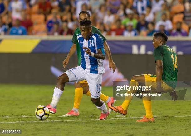 Honduras forward Romell Quioto beats a double team maneuver during the CONCACAF Gold Cup Group A match between Honduras and French Guiana on July 11,...