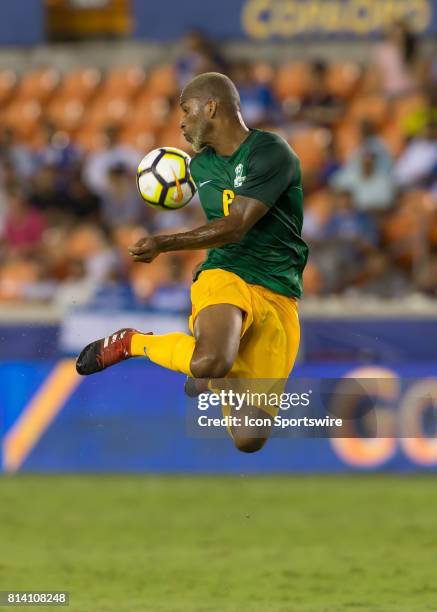 French Guiana defender Kevin Rimane leaps to trap the ball during the CONCACAF Gold Cup Group A match between Honduras and French Guiana on July 11,...