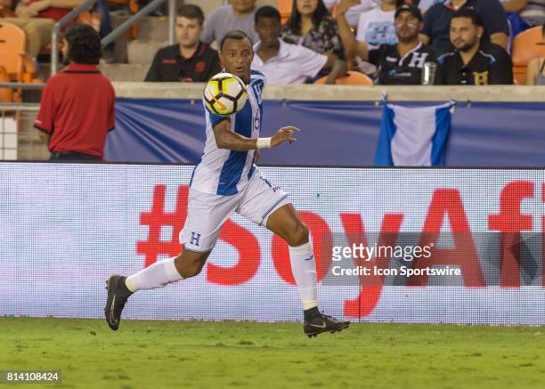 Honduras midfielder Ovidio Lanza runs with the ball down the pitch during the CONCACAF Gold Cup Group A match between Honduras and French Guiana on...