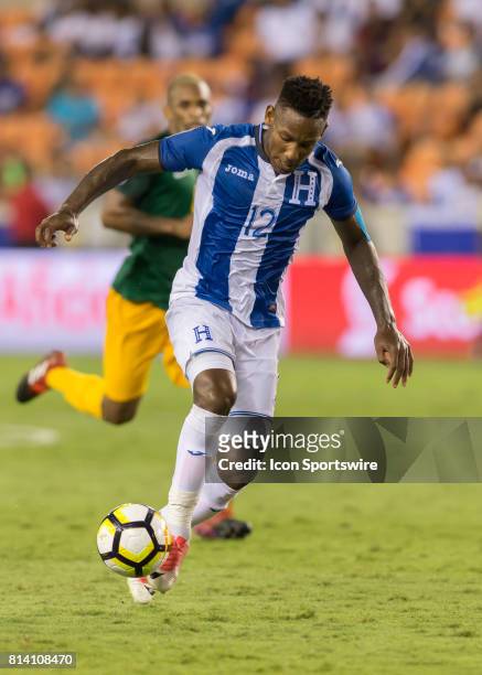 Honduras forward Romell Quioto dribbles the ball during the CONCACAF Gold Cup Group A match between Honduras and French Guiana on July 11, 2017 at...