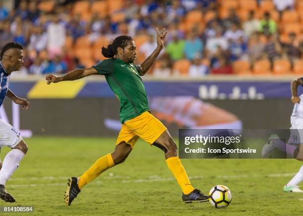 French Guiana forward Rhudy Evens extends to trap the ball during the CONCACAF Gold Cup Group A match between Honduras and French Guiana on July 11,...