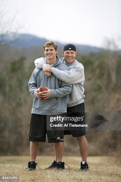 Football: Casual portrait of NFL prospect and former Virginia defensive end Chris Long getting hug from his father, former NFL player and Hall of...
