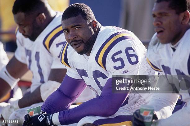 Football: Closeup of Minnesota Vikings Chris Doleman on sidelines bench during game vs New England Patriots, Foxboro, MA