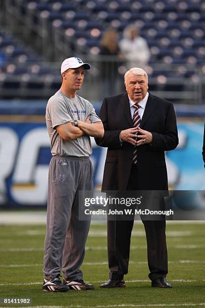 Football: Indianapolis Colts QB Peyton Manning with NBC Sports media announcer John Madden before game vs San Diego Chargers, San Diego, CA