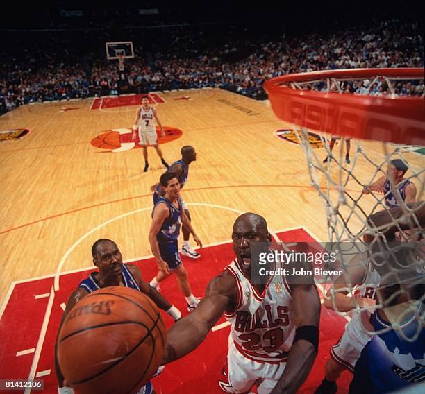 Basketball: NBA Finals, Aerial view of Chicago Bulls Michael Jordan in action, layup vs Utah Jazz, Game 1, Chicago, IL 6/1/1997