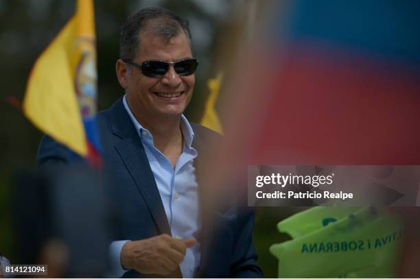 Former President of Ecuador, Rafael Correa greets supporters at his arrival to Mariscal Sucre Airport on July 10, 2017 in Quito, Ecuador. Rafael...