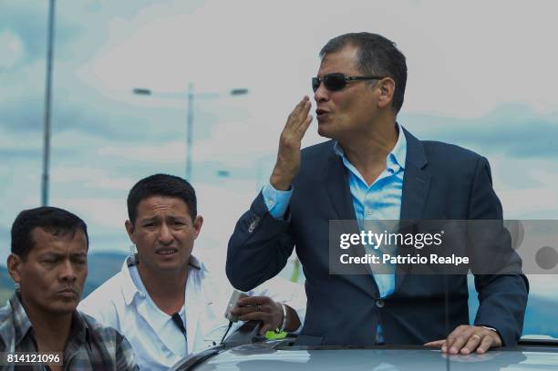 Former President of Ecuador, Rafael Correa blows a kiss to his supporters at Mariscal Sucre Airport on July 10, 2017 in Quito, Ecuador. Rafael Correa...