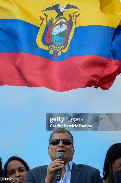 Former President of Ecuador, Rafael Correa says goodbye to his followers at Mariscal Sucre Airport on July 10, 2017 in Quito, Ecuador. Rafael Correa...