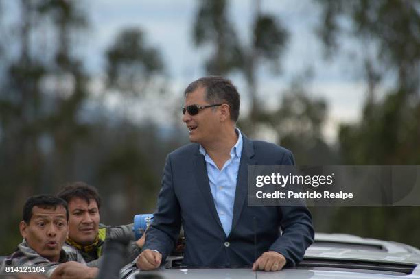 Former President of Ecuador, Rafael Correa greets supporters at his arrival to Mariscal Sucre Airport on July 10, 2017 in Quito, Ecuador. Rafael...