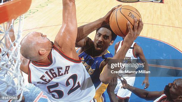 Basketball: Los Angeles Lakers Kobe Bryant in action, taking layup vs Philadelphia 76ers Matt Geiger , Philadelphia, PA 2/20/2000