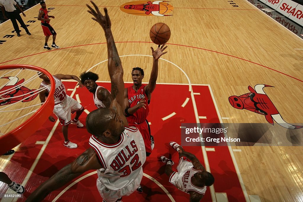 Bosh Raptors Aerial view of Toronto Raptors Chris Bosh in action, taking shot vs ...