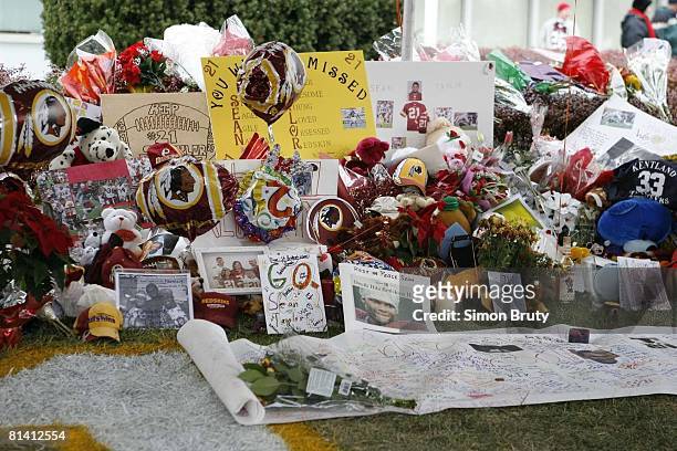 Football: View of memorial tribute commemorating passing of Washington Redskins safety Sean Taylor at FedEx Field, Taylor was shot in his home by...