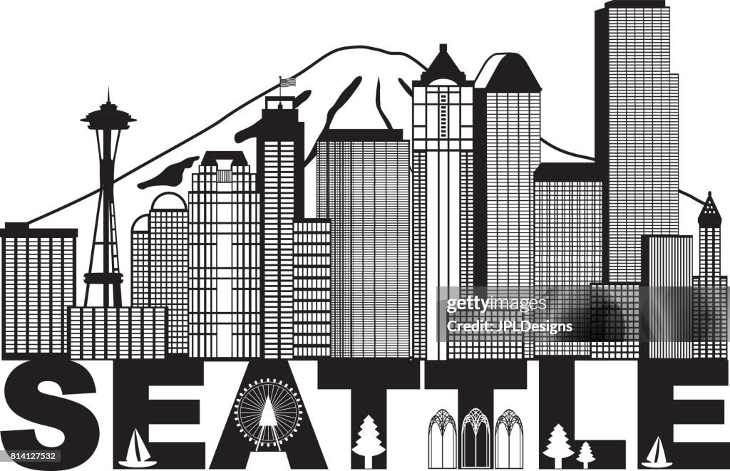 Seattle City Skyline And Text Black And White Illustration High-Res ...