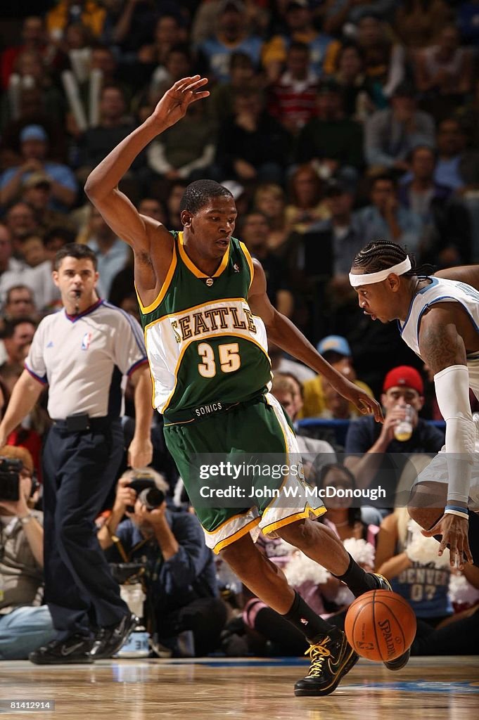Seattle SuperSonics Kevin Durant in action, playing defense vs Denver News Photo - Getty Images